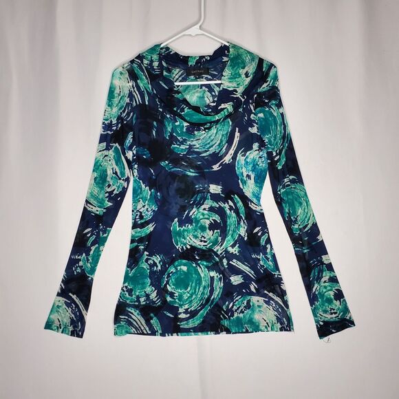 Karen Kane Tops - Karen Kane Mesh Top Womens XL Cowl Neck Long Sleeve Green Blue Floral Vtg Y2K